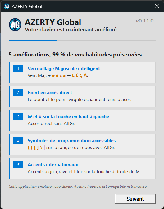 AZERTY Global welcome window at first launch (French interface)