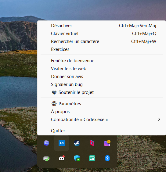 AZERTY Global icon in the taskbar with its context menu (French interface)